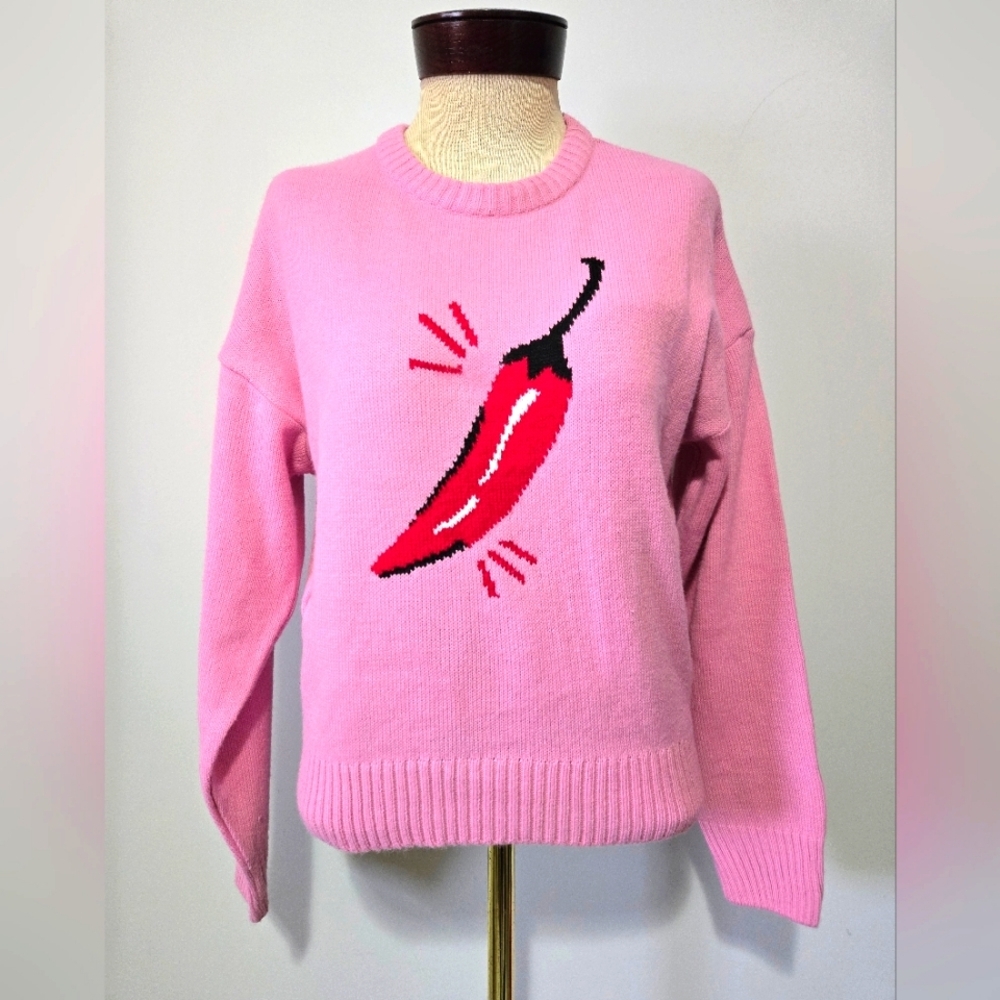 SKINNYDIP LONDON Pink Knit Sweater- Red Chili Front , Spicy Print Back. Size S
